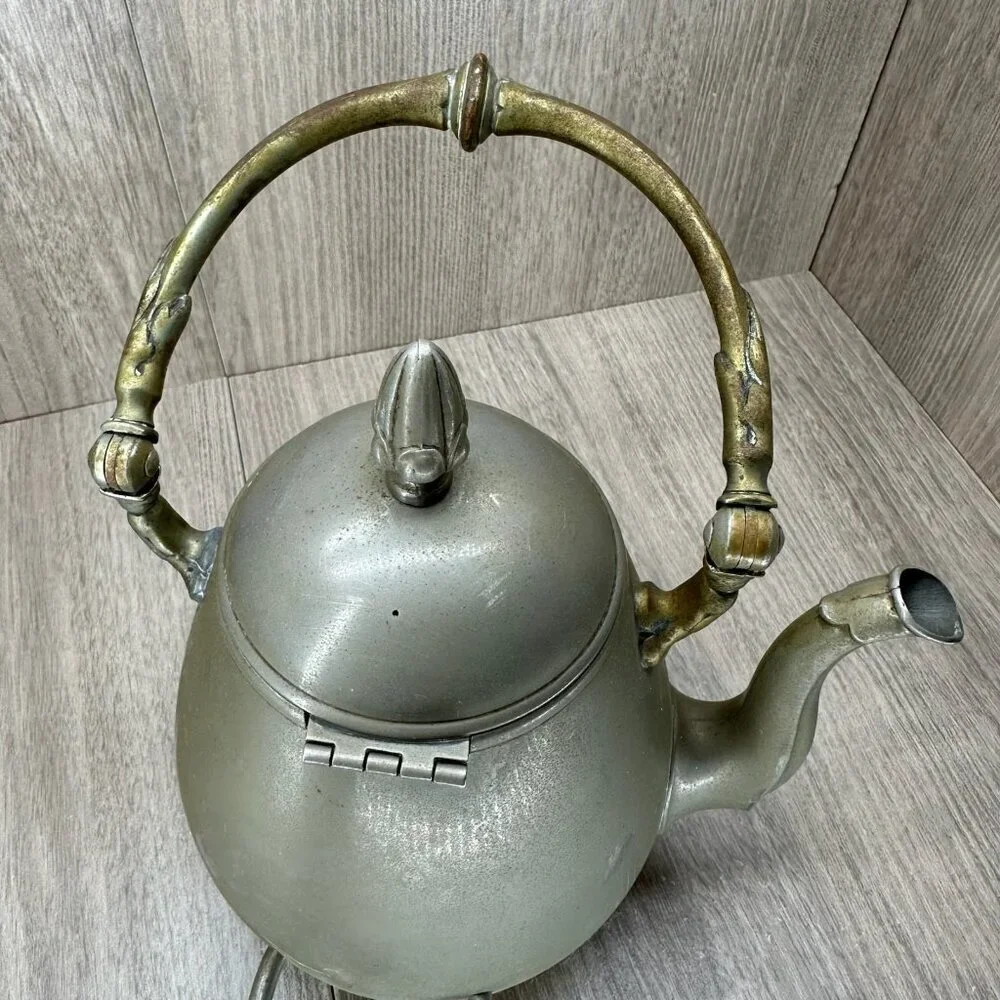 Vintage Decorative Metal Teapot with Ornate Brass Handle Hinged Lid Silver Tone